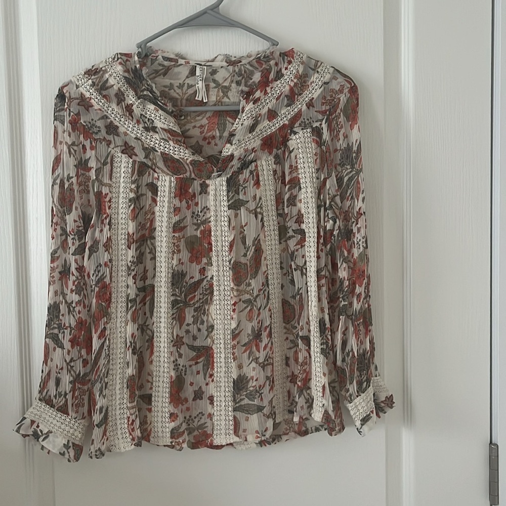 Anthropologie Feather Bone Elena Top Floral Printed Lace Sheer Blouse Button 4US - Picture 10 of 11